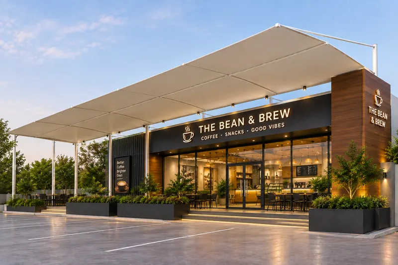 Flat tensile canopy over a cafe frontage and forecourt at dusk