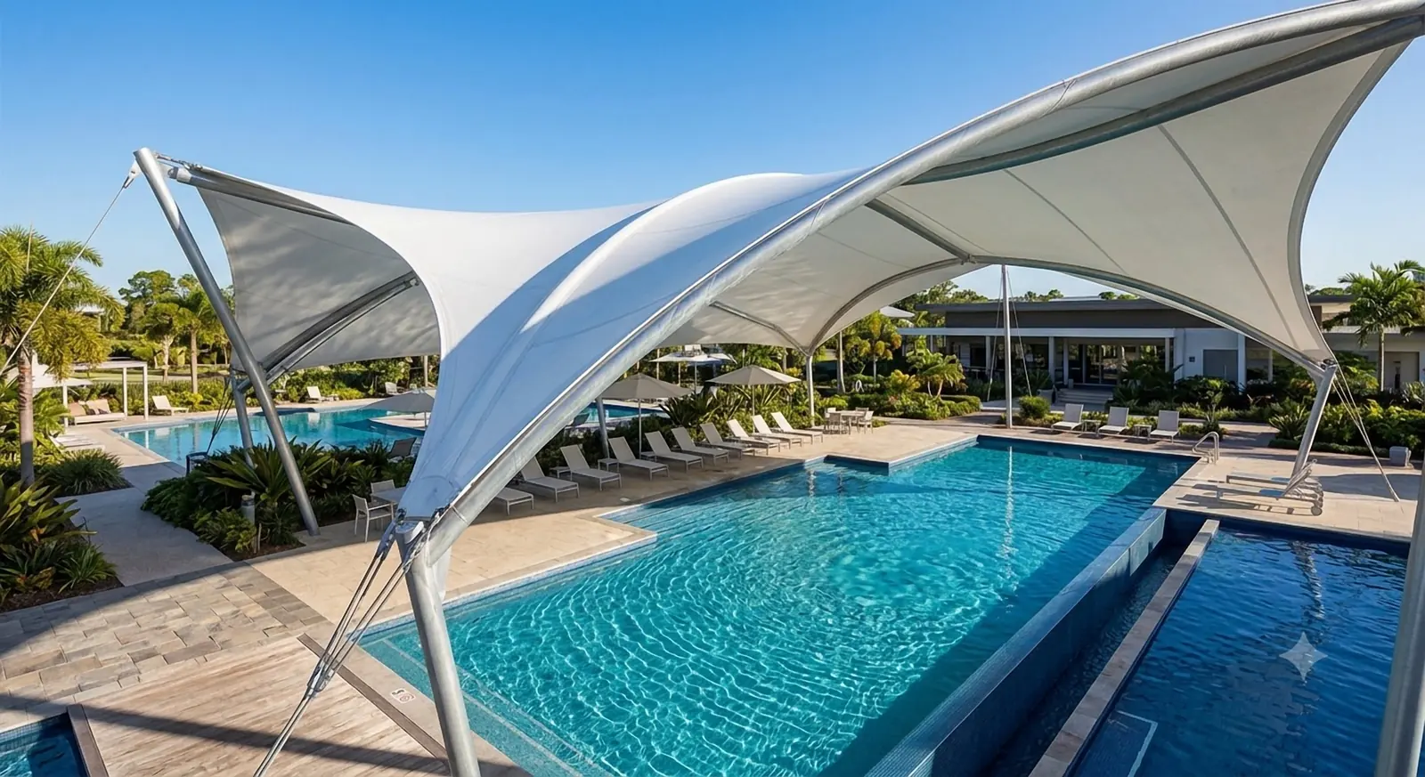 Tensile membrane sail canopy shading a resort swimming pool, built by Baba Tensile