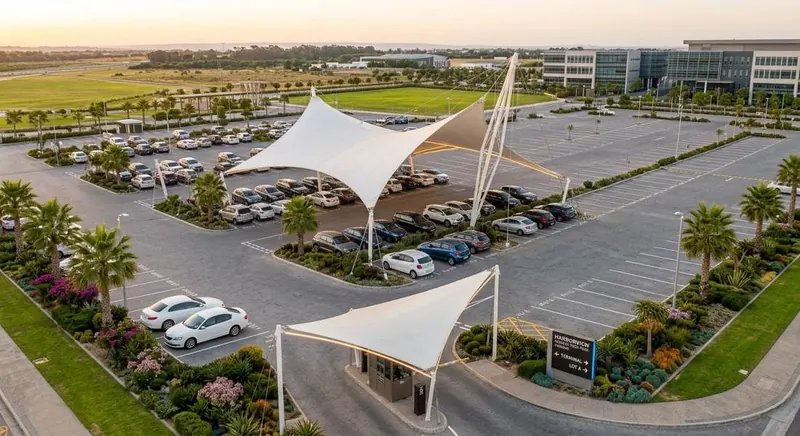 Hypar sail canopies over open parking