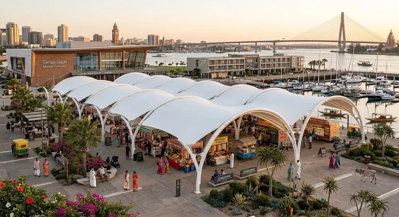 Wave-form canopies over a market concourse